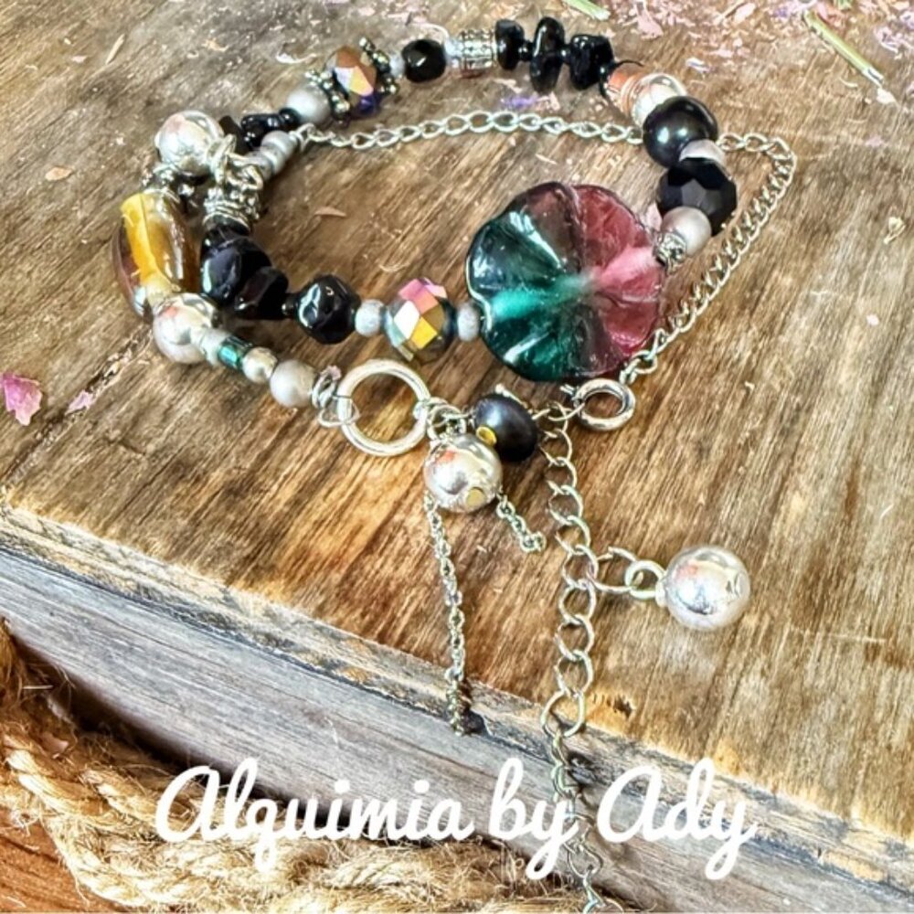 Chunky Flower Bead Bracelet • Mixed Metals & Gemstones • Handmade Statement Piec
